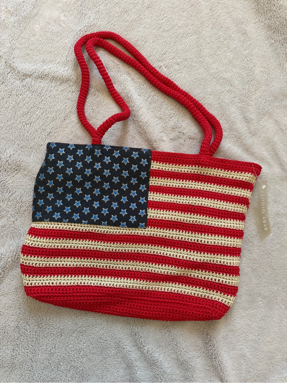 Studio 1010 American Flag Crochet Tote Shoulder Bag NWT Zip Top Patriotic USA